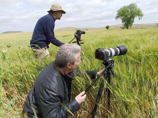 Luis Miguel Ariza filming in a wheat field with a camera on a tripod